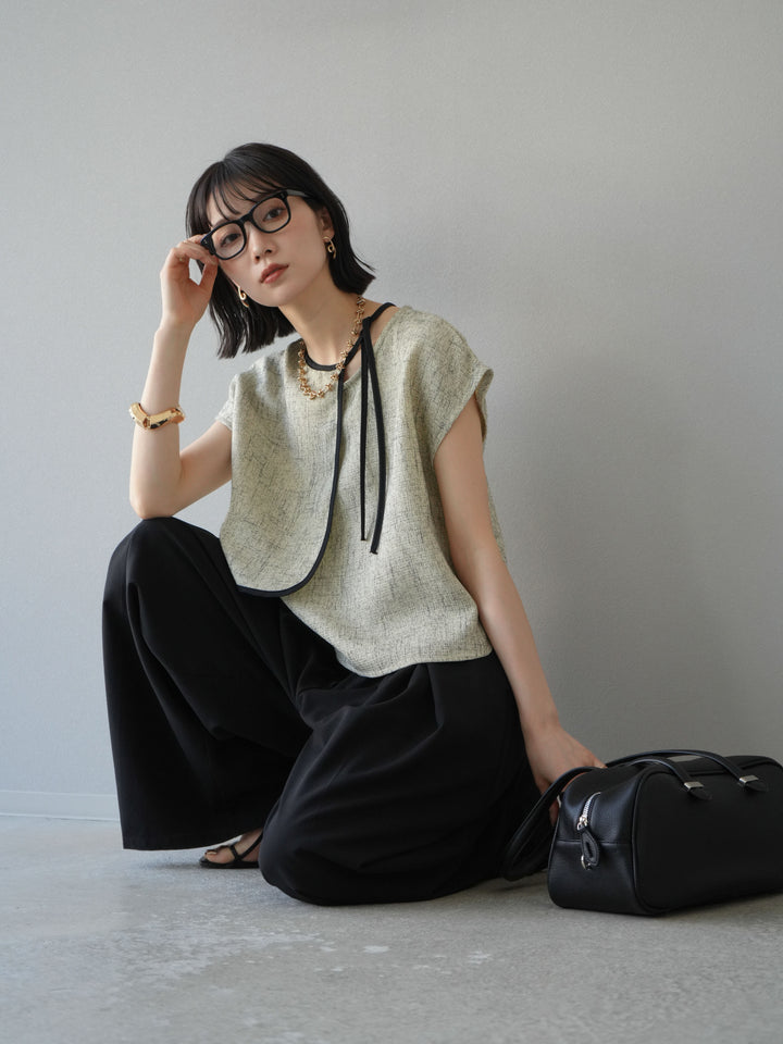 [SET]サマーツイードケープデザインプルオーバー+クレープシフォンタックワイドパンツ(2set)