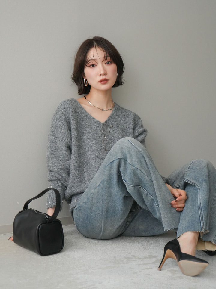 [SET]パールフリルリブヘムニットプルオーバー+選べるアクセセット(2set)