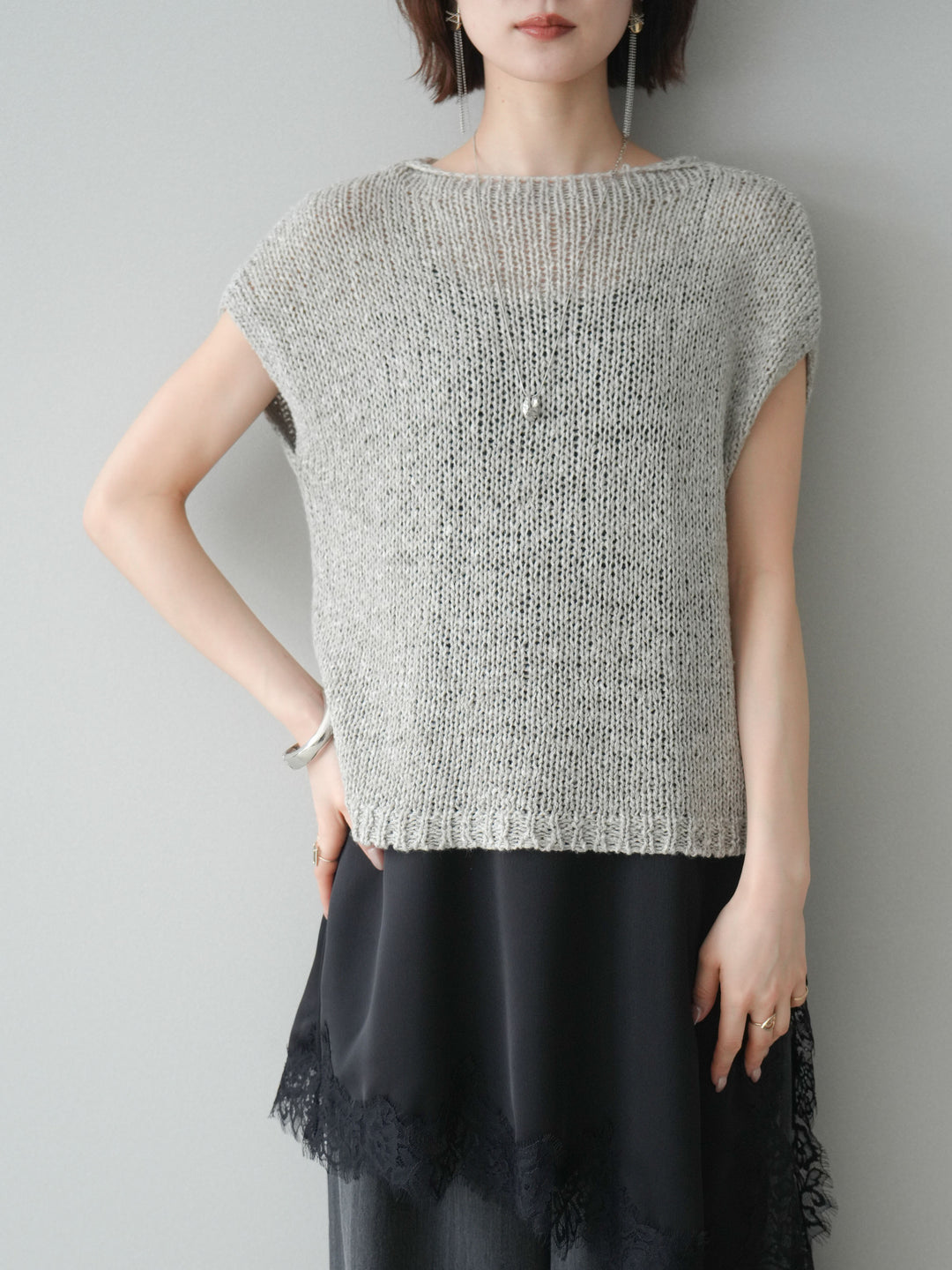 [予約]テープヤーンノースリーブニットトップス/gray