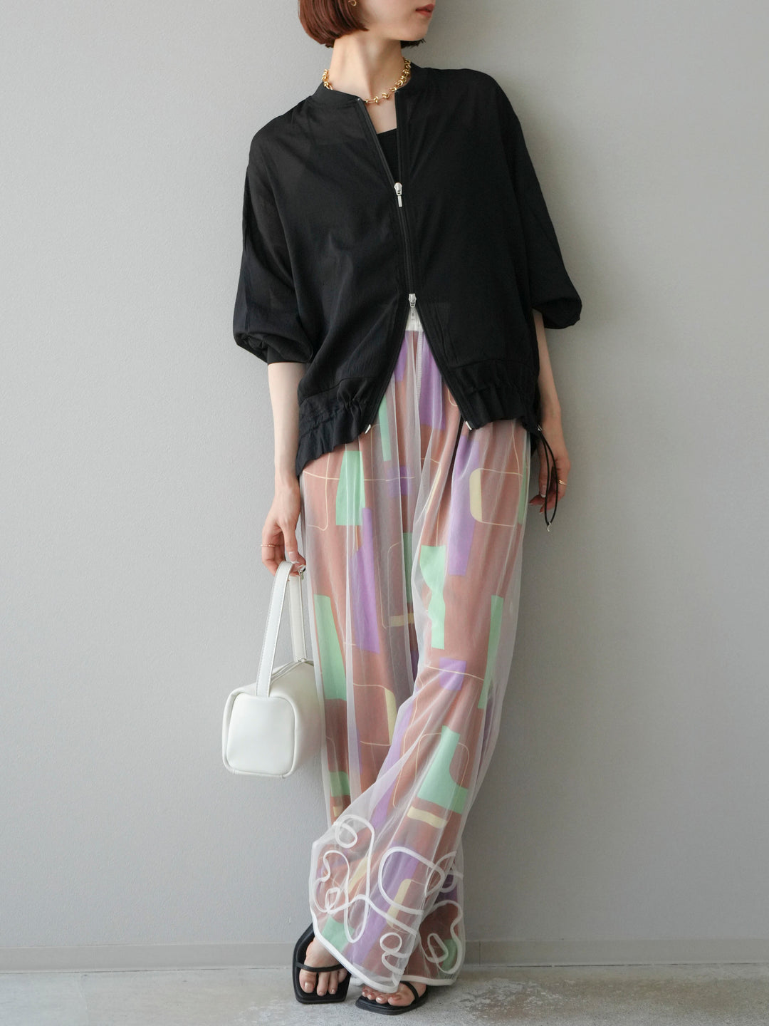 [予約]レーヨンフレックススラブレトロ柄ストレートパンツ/ブラウン