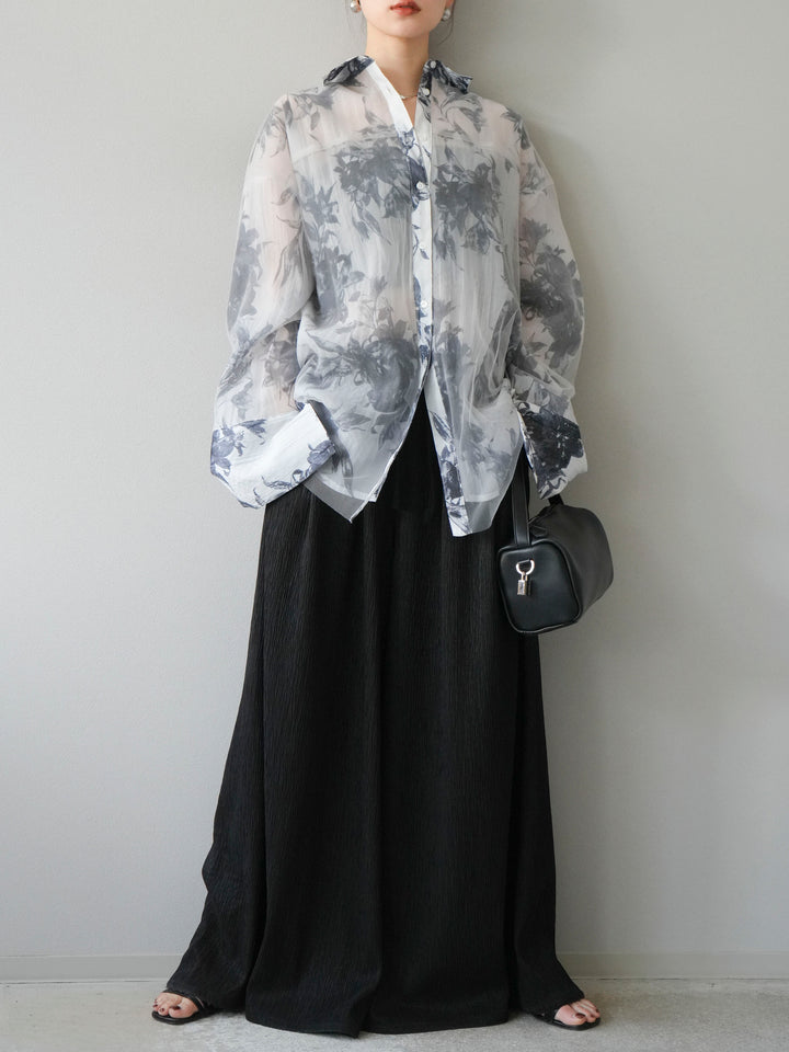 [予約]チュールドッキングフラワー柄オーバーサイズシャツ/グレー