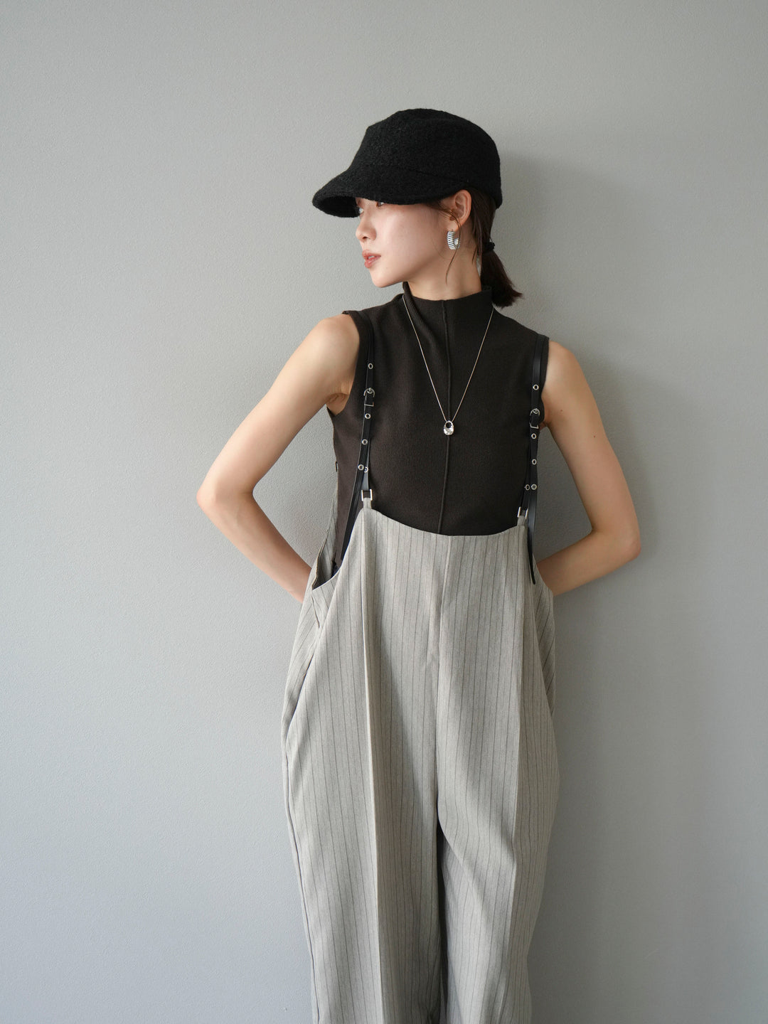 [予約]ヘリンボーンストライプサロペット/グレージュ