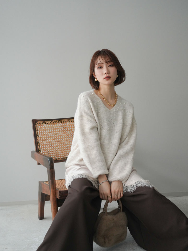 [SET]パール×ビジューVネックニットプルオーバー+アシンメトリーサテンレースキャミソール+テープベルトタックバギーパンツ(3set)