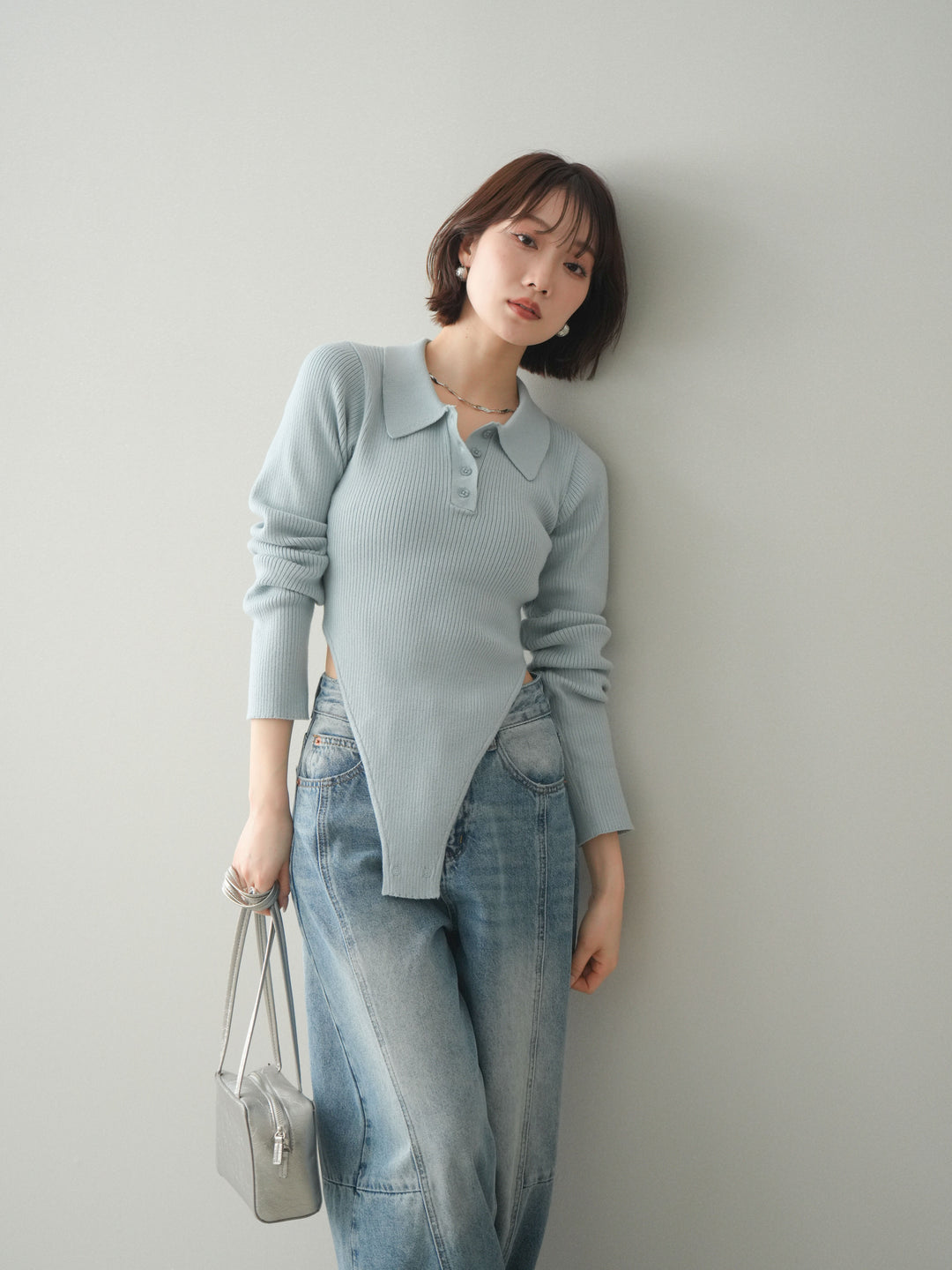 [予約]リブポロニットボディスーツ/blue