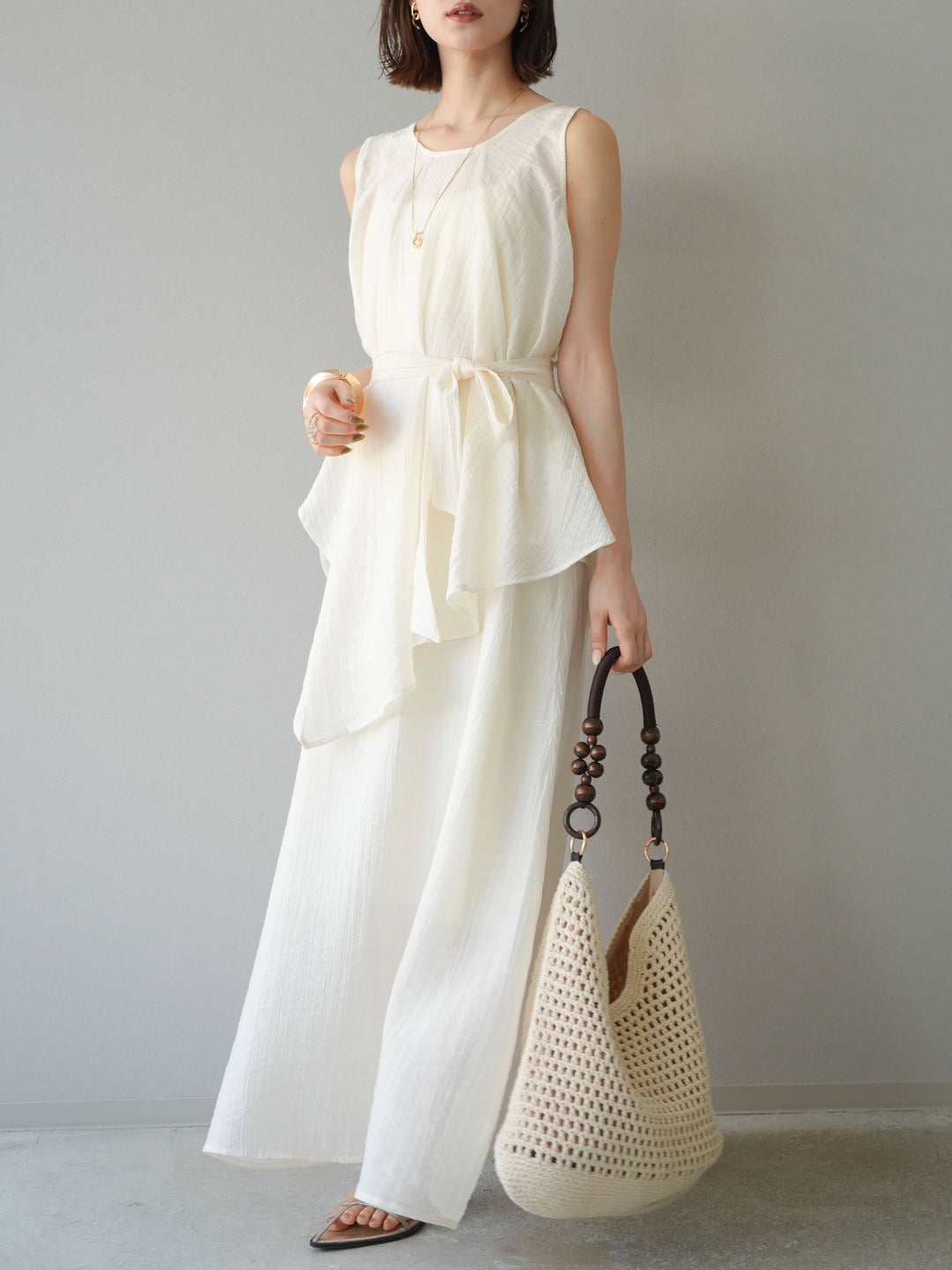 [SET]ワッシャーシアーアシメブラウス＆キャミワンピース+選べるアクセセット(2set)