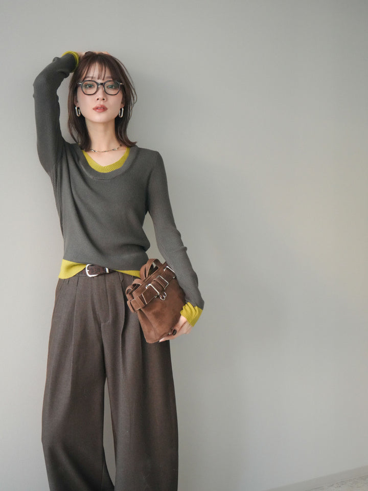 [SET]Uネック配色レイヤードリブニットトップス+アニマル柄ベルト付きウールタッチワイドパンツ(2set)