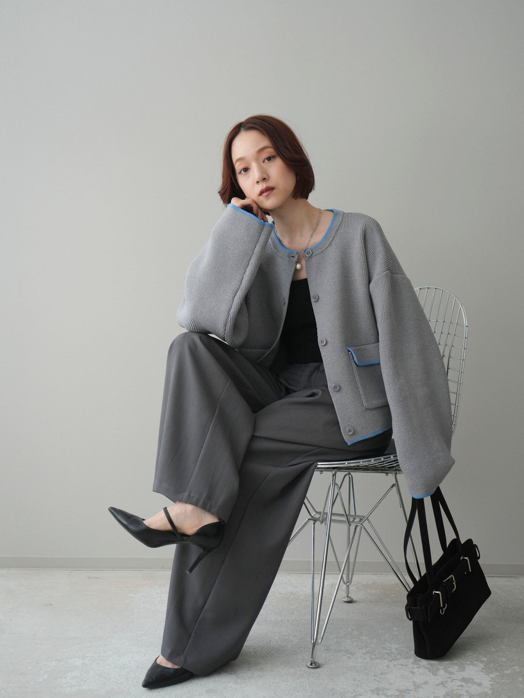 [SET]ポリエステル配色ニットカーディガン+ウエストレースタックワイドパンツ(2set)