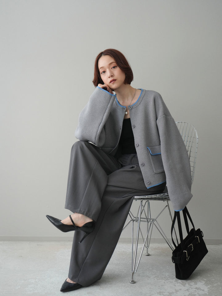 [SET]ポリエステル配色ニットカーディガン+ウエストレースタックワイドパンツ(2set)