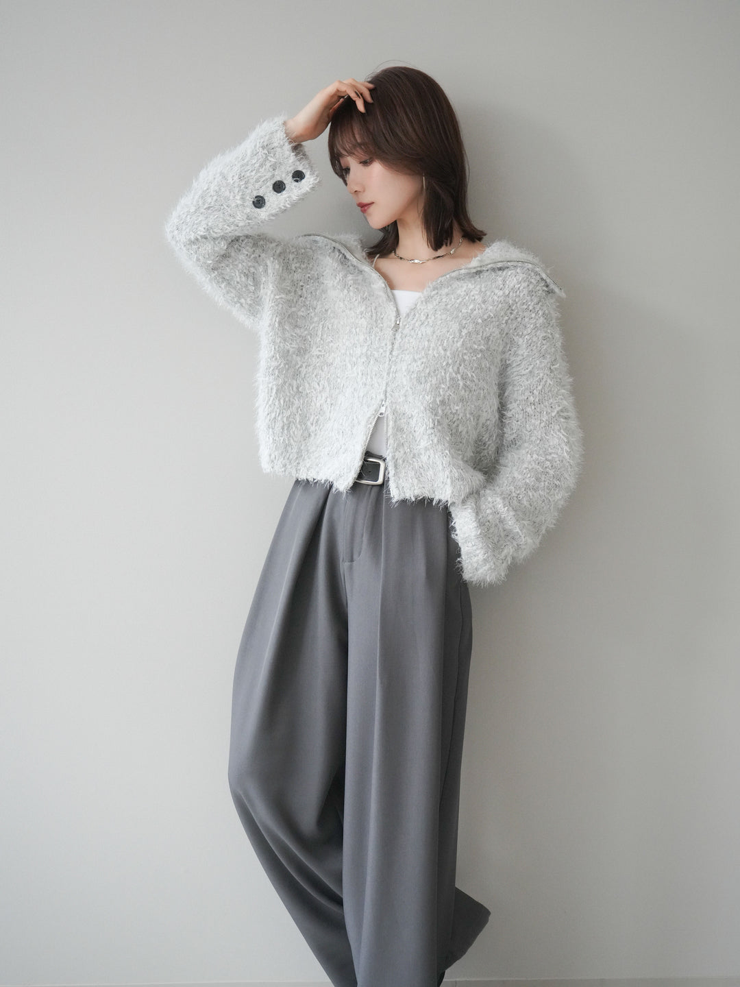 [予約]ミックスシャギージップニットカーディガン/ivory