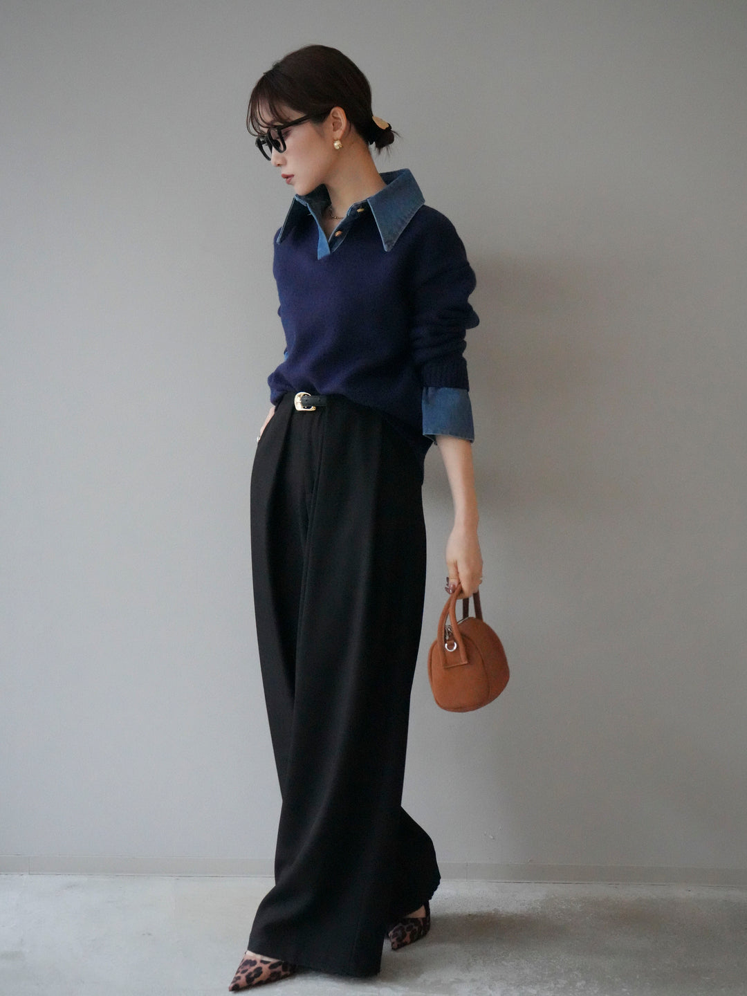 [SET]デニム襟ポロニットプルオーバー+ベルトループデザインワイドパンツ(2set)