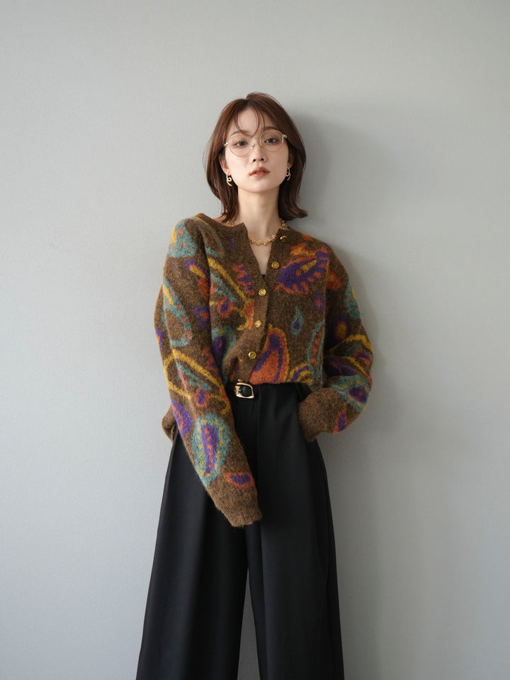 [予約]ミックスヤーンペイズリー柄ニットカーディガン/ブラウン