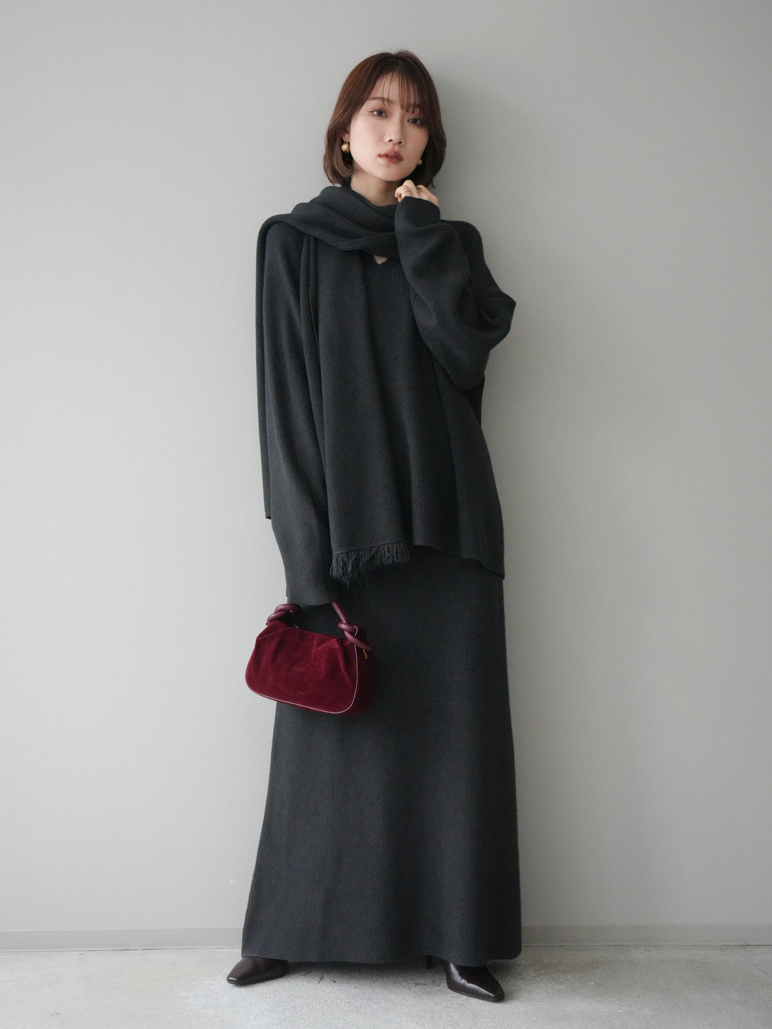 [SET]ストール付キーネックニットSET UP