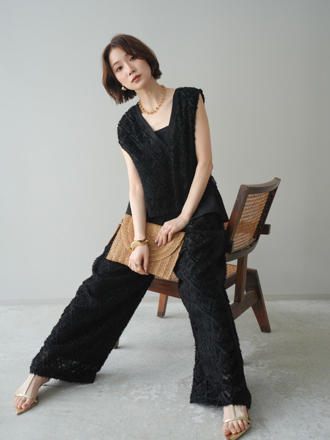 [SET]フリンジレイヤードVネックノースリーブ+フリンジイージーストレートパンツ(2set)