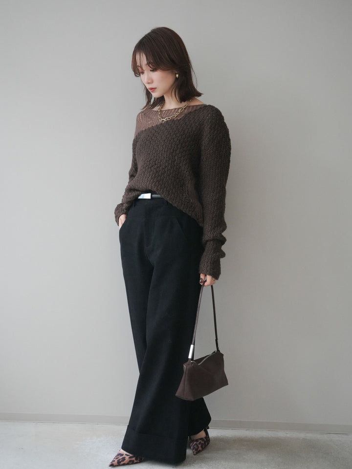 [予約]ベルト付き折り返しコットンツイルワイドパンツ/black