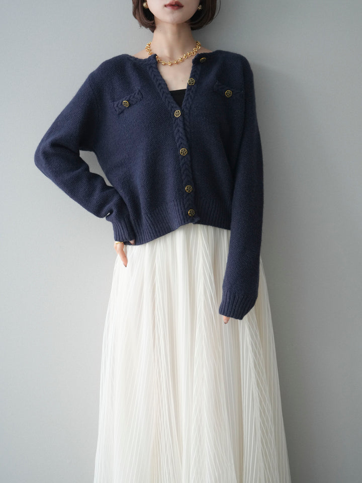 [予約]編みこみアンティークボタンニットカーディガン/navy