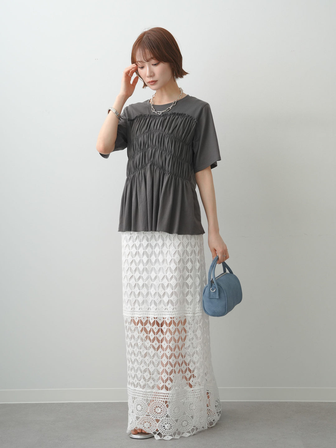 [SET]クールタッチシャーリングTEE+クロシェレースIラインスカート(2set)