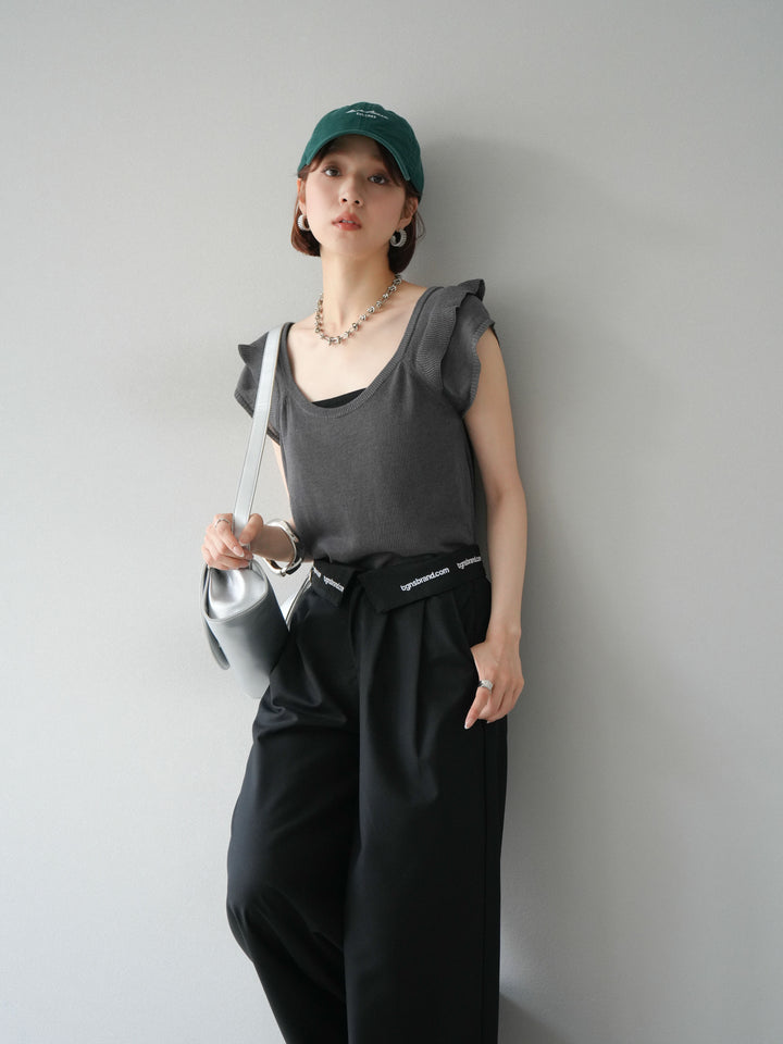 [予約]リネンタッチフリルニットタンクトップ/チャコール