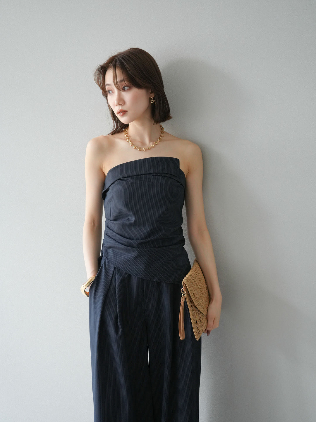 [SET] 條紋褶襉露肩上衣＆寬褲 SET UP (2set)