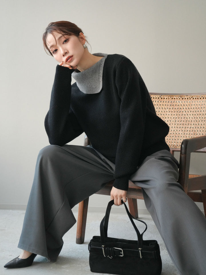 [予約]デザインネックバイカラーニットプルオーバー/black