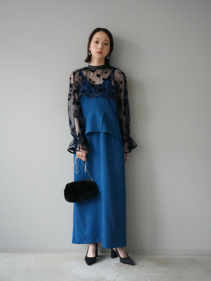 [予約]チュールフラワーフロッキーショートブラウス/ネイビー