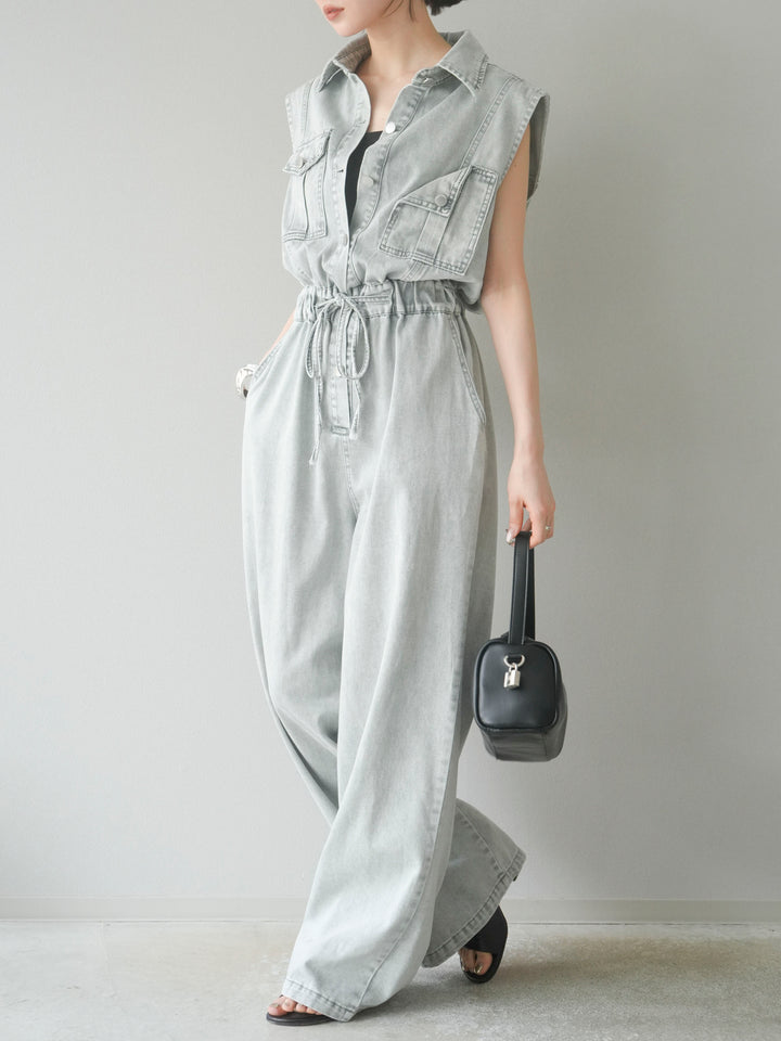 [予約]ポケットデザインデニムオールインワン/グレー