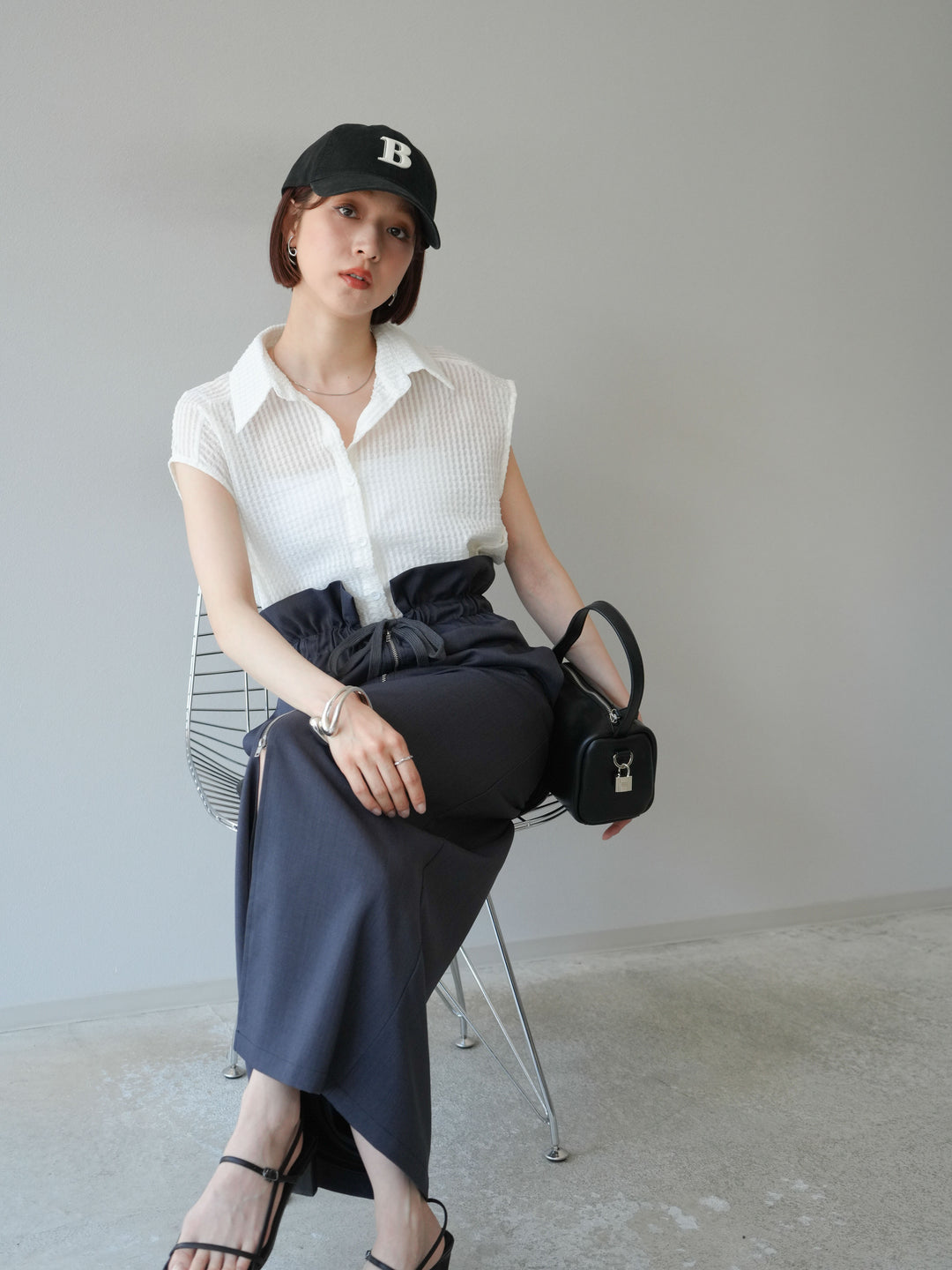 [SET]シアーチェックノースリーブシャツ+ヘザーエステルギャザージップスカート(2set)