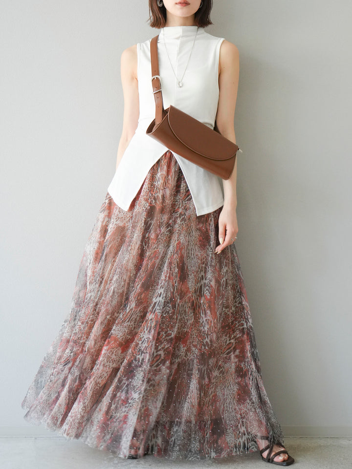 [予約]ニュアンス柄チュールレイヤードプリーツスカート/ブラウン