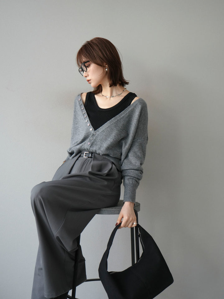 [SET]デザインボタンニットカーディガン＆タンクトップSET+ベルトループデザインワイドパンツ(2set)