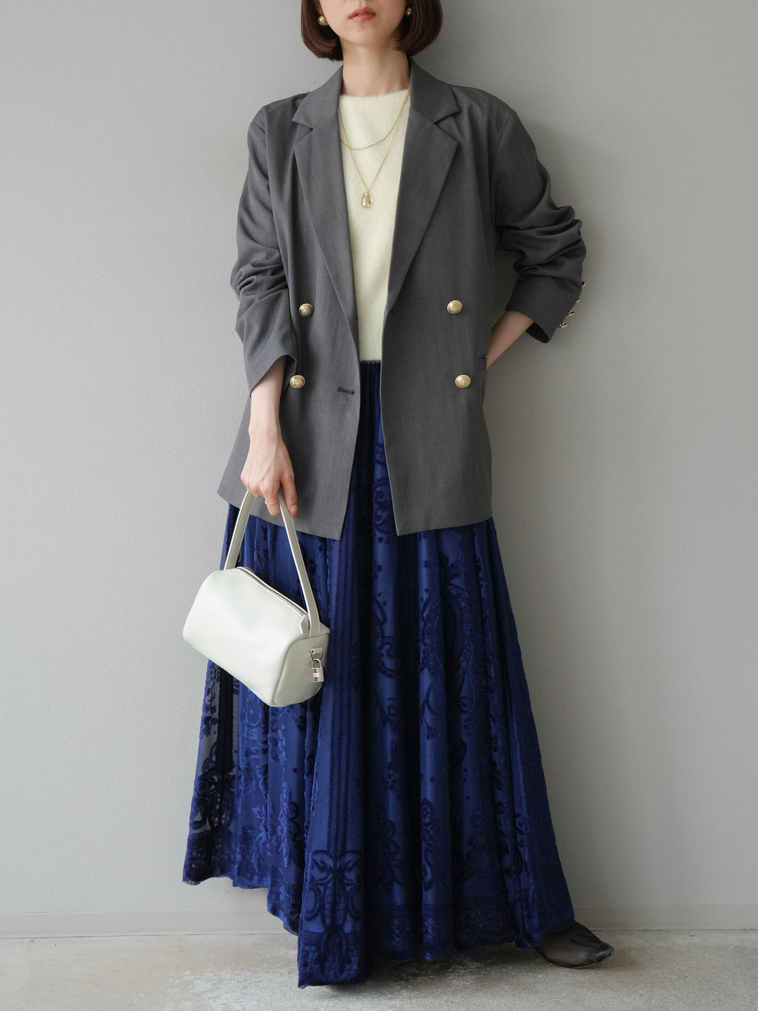 [予約]ゴールドボタンツイルダブルテーラードジャケット/グレー