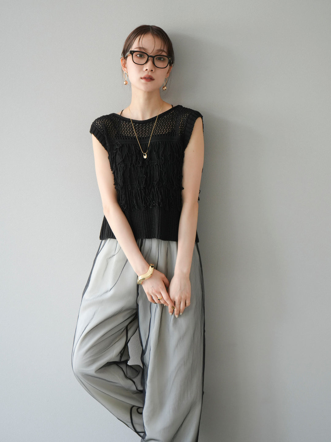 [SET]透かし編みフリンジニットトップス+コード刺繍チュールレイヤードパンツ(2set)