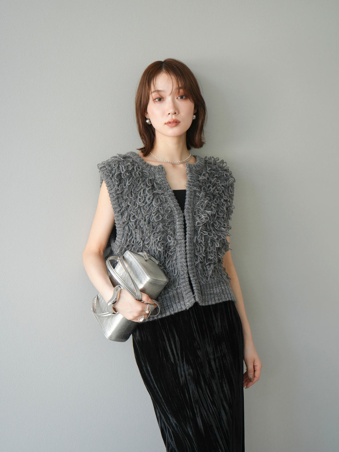 [SET]レザー襟オンブレチェックオーバーシャツ +ループデザインホックベスト +クラッシュベロアナロースカート(3set)