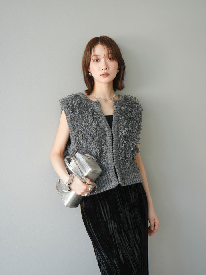 [SET]レザー襟オンブレチェックオーバーシャツ +ループデザインホックベスト +クラッシュベロアナロースカート(3set)