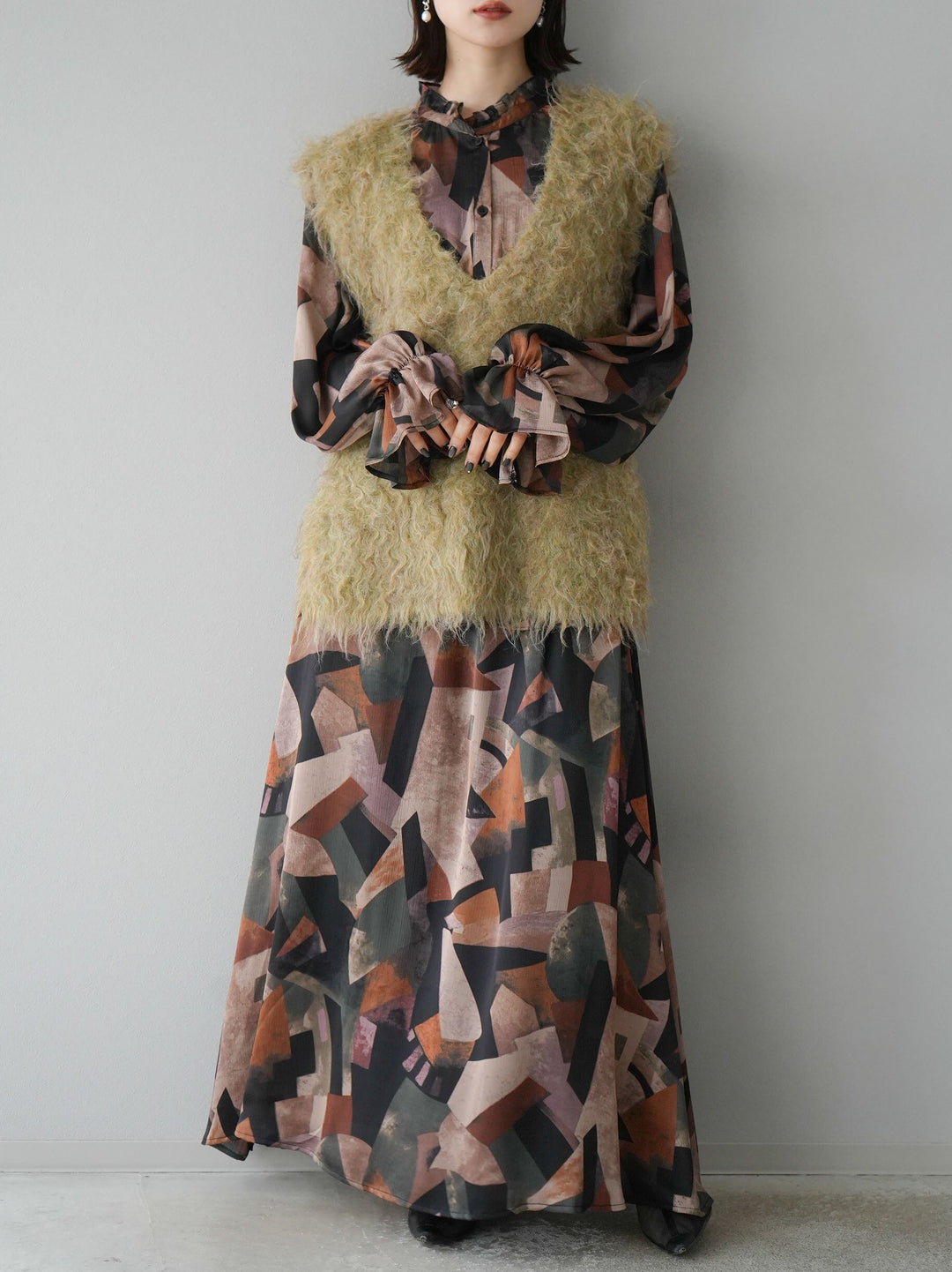 [予約]ウール混ミックスヤーンニットベスト/グリーン