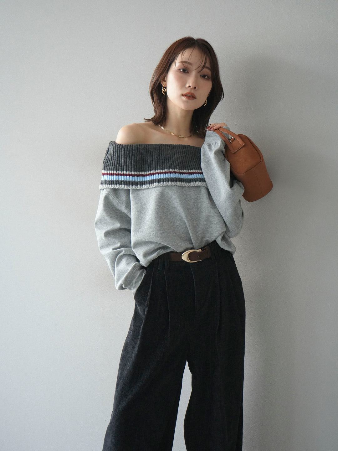 [予約]ボーダーニットオフショルダーxスウェットプルオーバー/gray