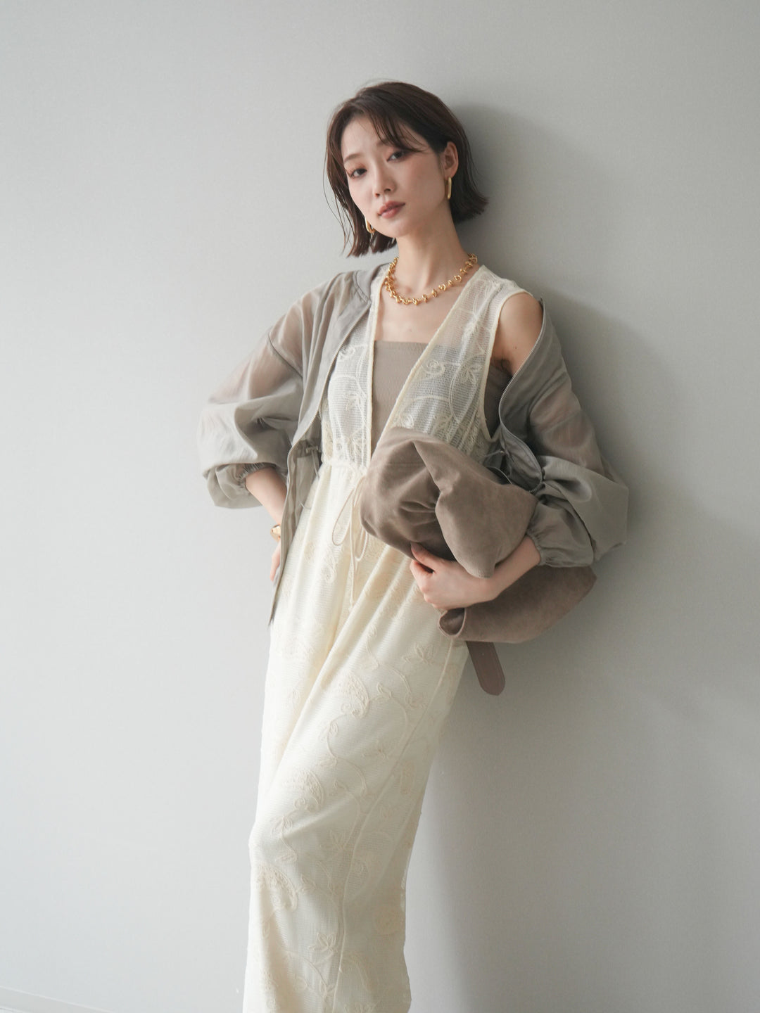 [SET]レース刺繍サロペット+ドロストシアーブルゾン(2set)