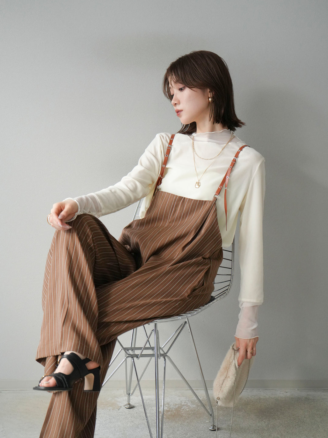 【着回しセット】[SET]ヘリンボーンストライプジレ+シアー切替ベロアトップス+ヘリンボーンストライプサロペット(3set)