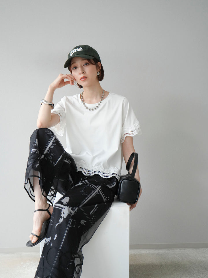 [SET]レース切替カットソー+コード刺繍チュールレイヤードパンツ(2set)