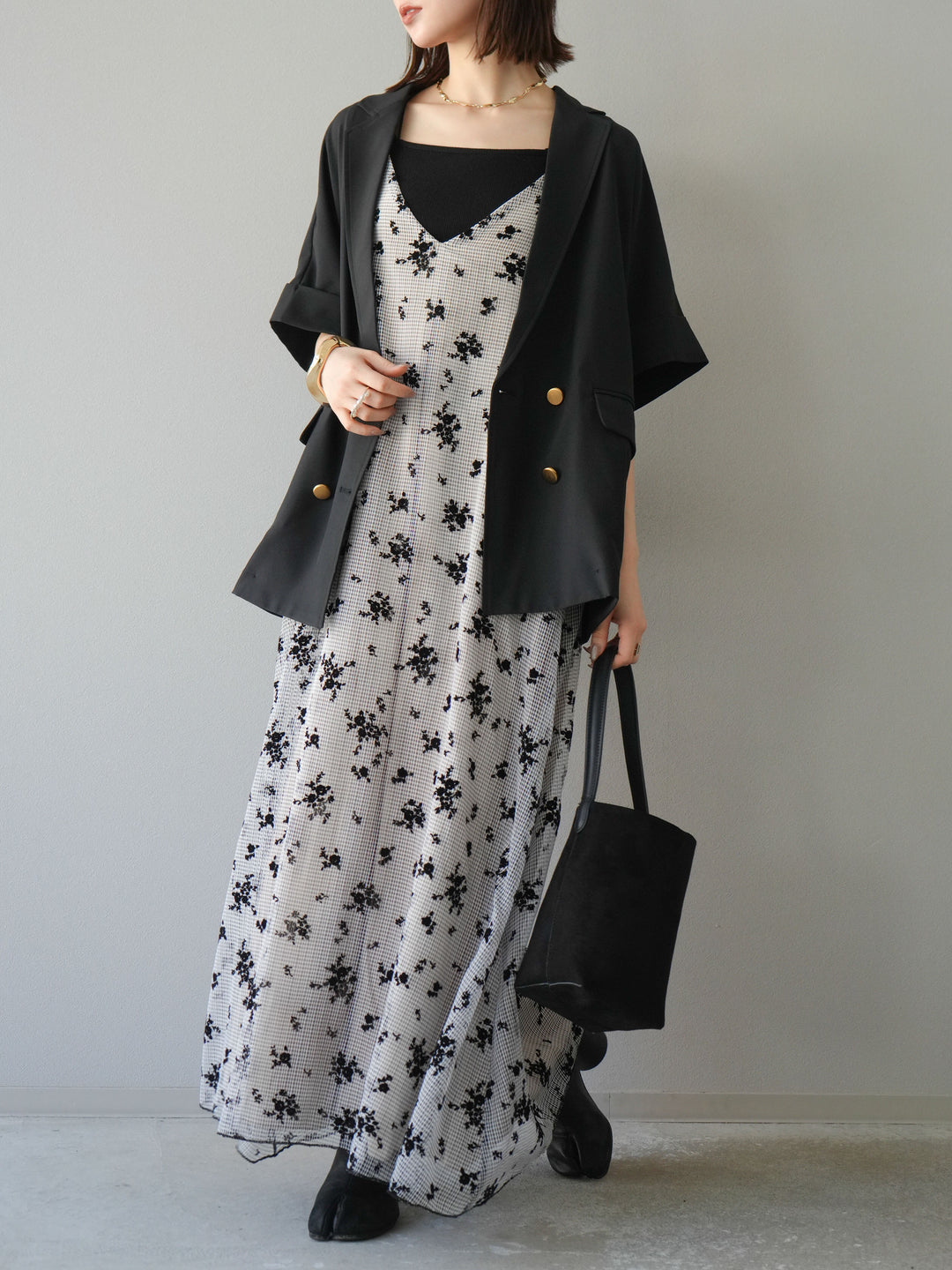 [套裝] 植絨薄紗層疊天鵝絨吊帶連身裙 + 金色紐帶半夾克 (2 套)