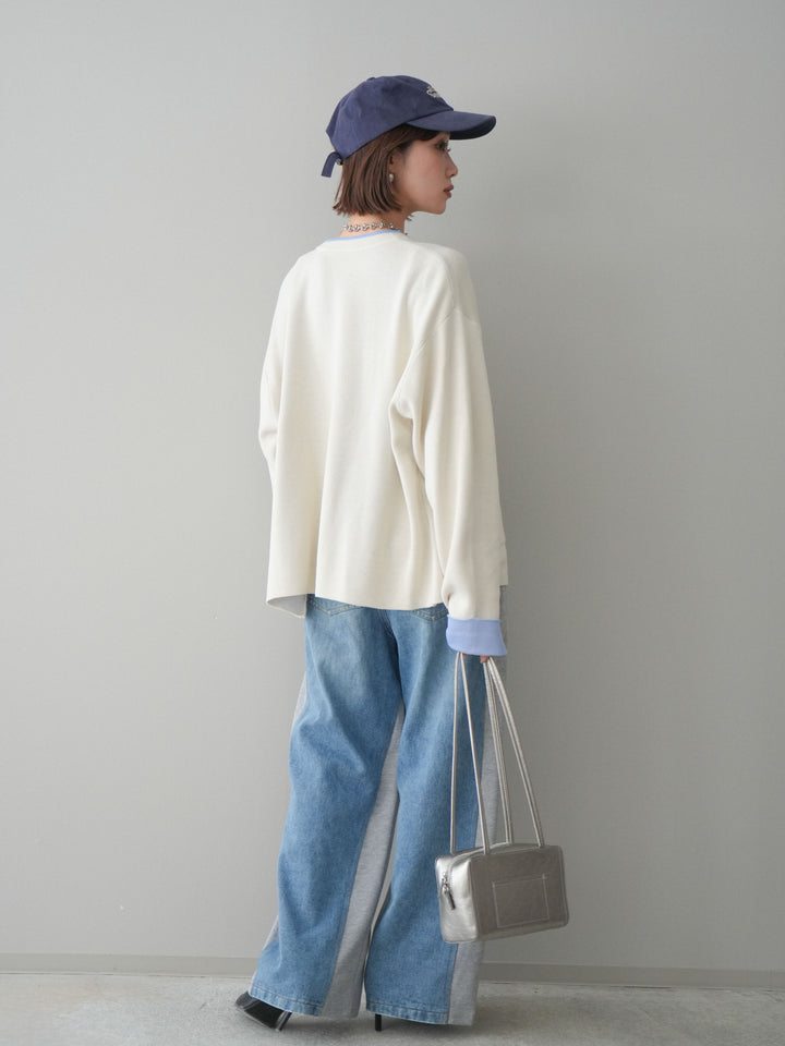 [SET]バイカラーオーバーニットカーディガン+デニム切替スウェットパンツ(2set)