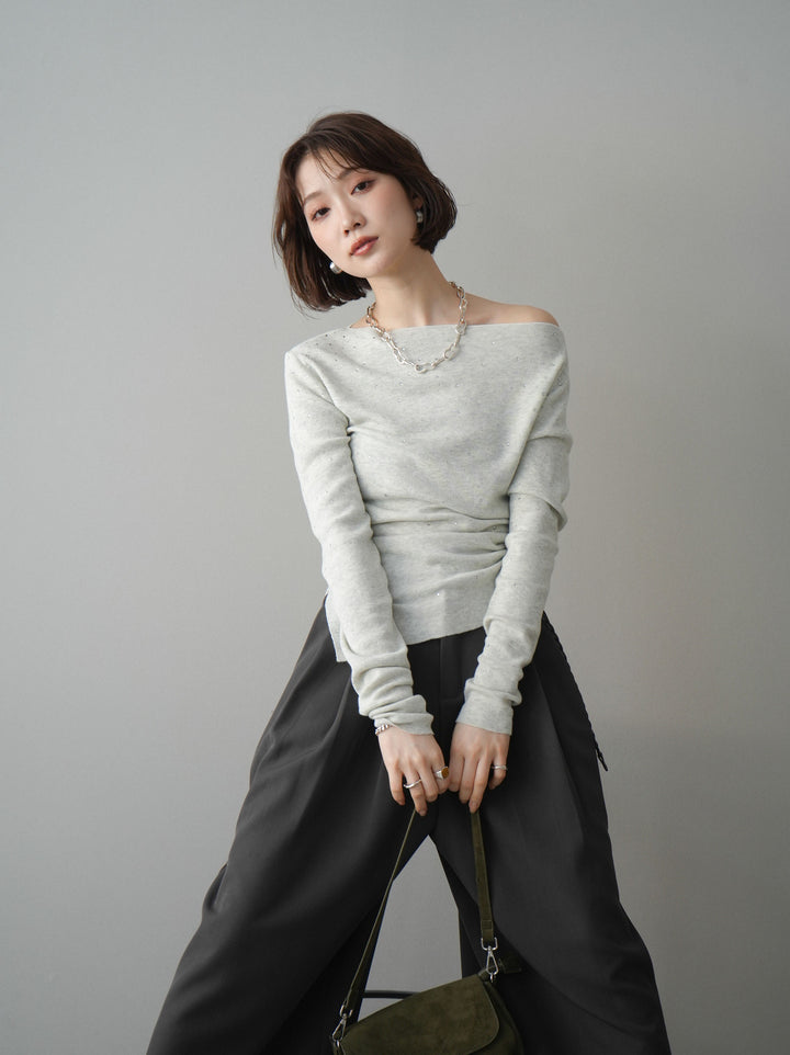 [予約]ラインストーンアシンメトリーニットトップス/gray