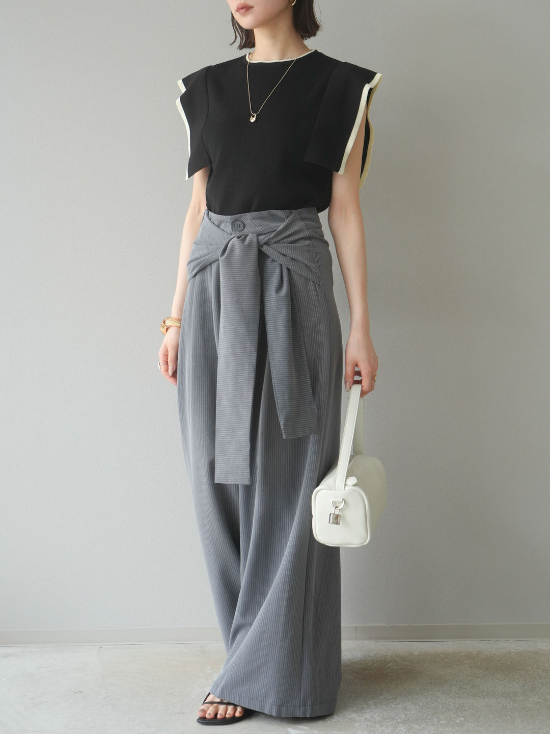 【預購】條紋裹腰寬褲/灰色