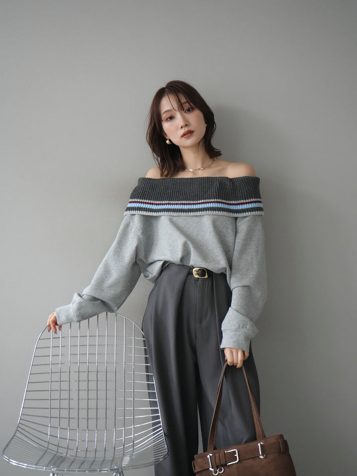 [予約]ボーダーニットオフショルダーxスウェットプルオーバー/gray
