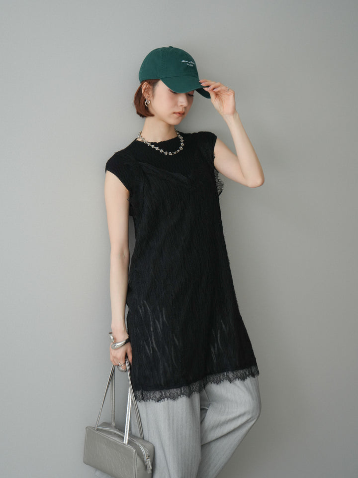 [予約]レース切替ジャガードニットロングキャミソール/black