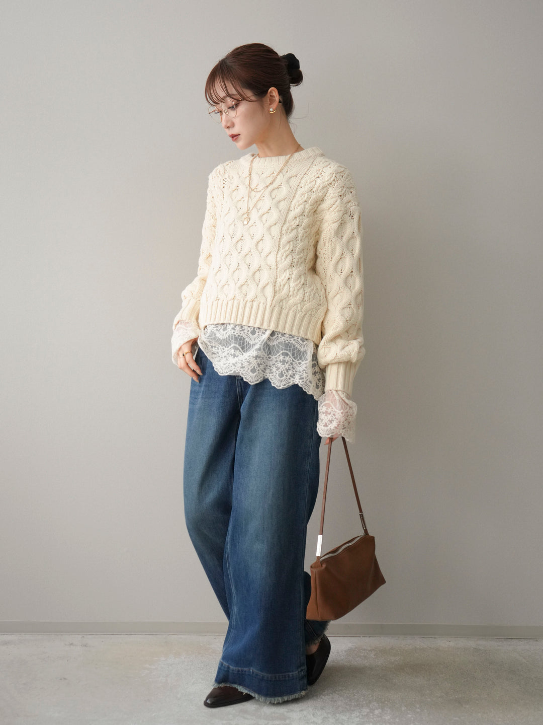 [SET]バルキーケーブルクロップドニットプルオーバー+裏起毛裾フリンジワイドデニムパンツ(2set)