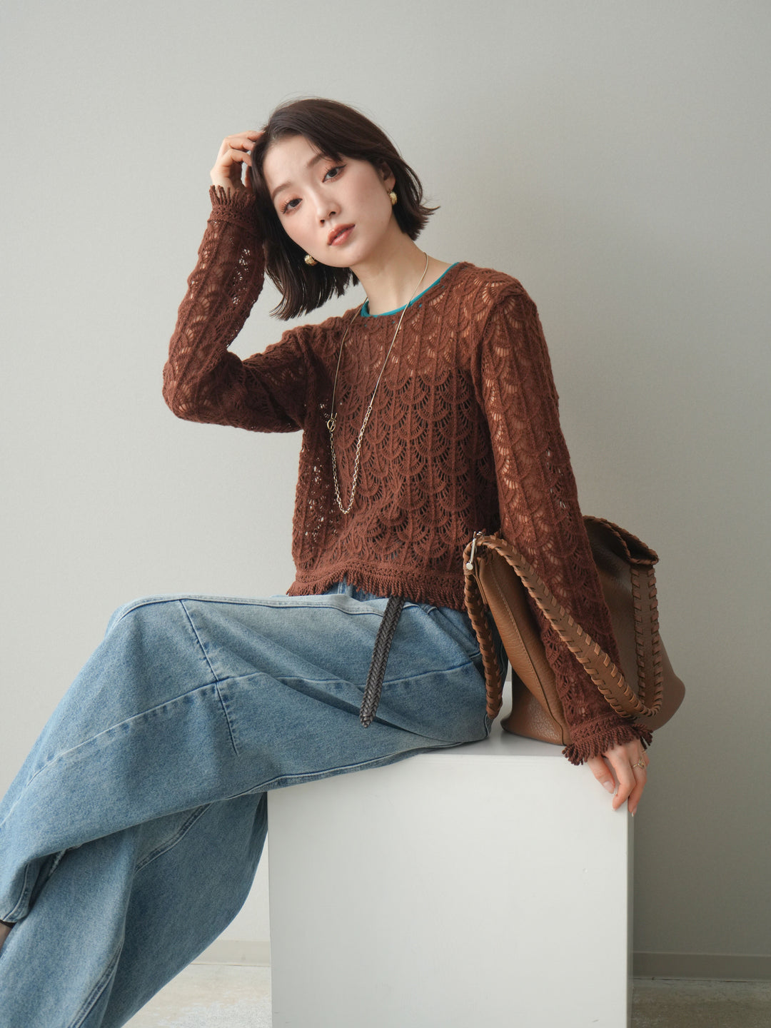 [予約]扇透かし編みクロップドニットプルオーバー/brown