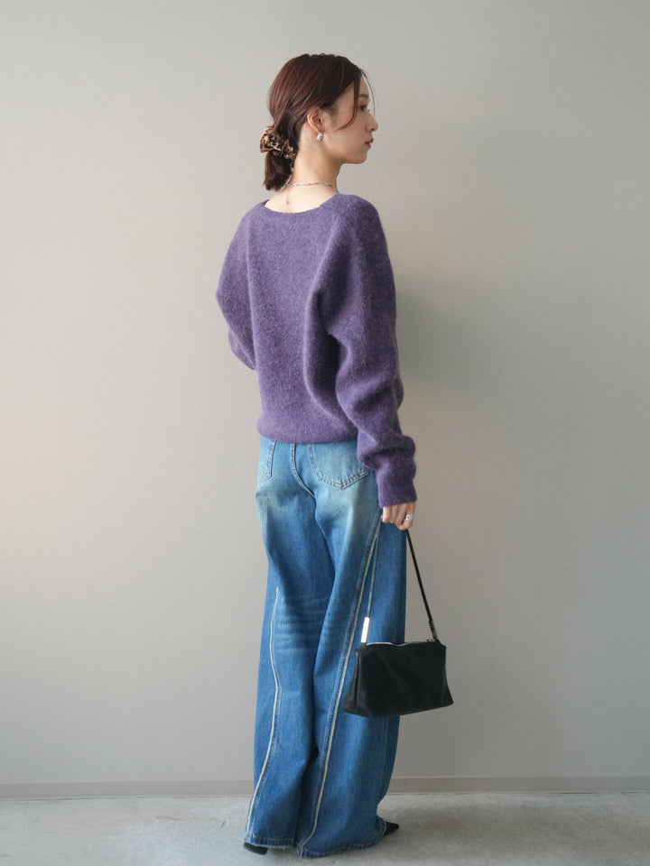 [SET]シュシュ付きアンゴラタッチVネックニットプルオーバー+サイドフリンジワイドデニムパンツ(2set)