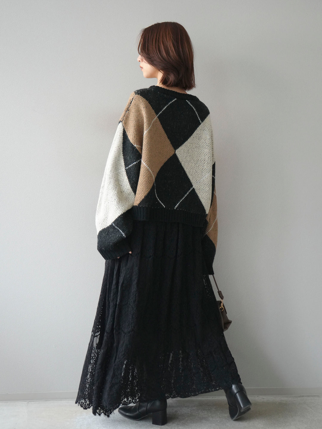 [SET]配色ステッチアーガイル柄ニットプルオーバー+ヴィンテージライクメッシュレーススカート(2set)