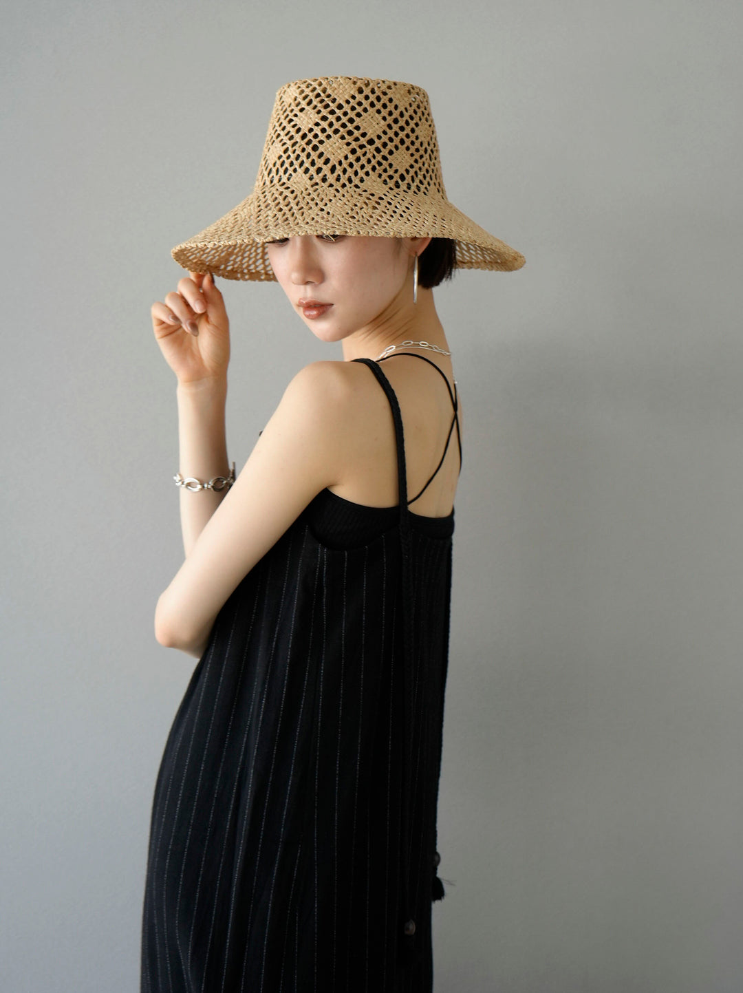[SET] Cotton linen striped camisole dress + double strap cut ribbed bra camisole (2set)