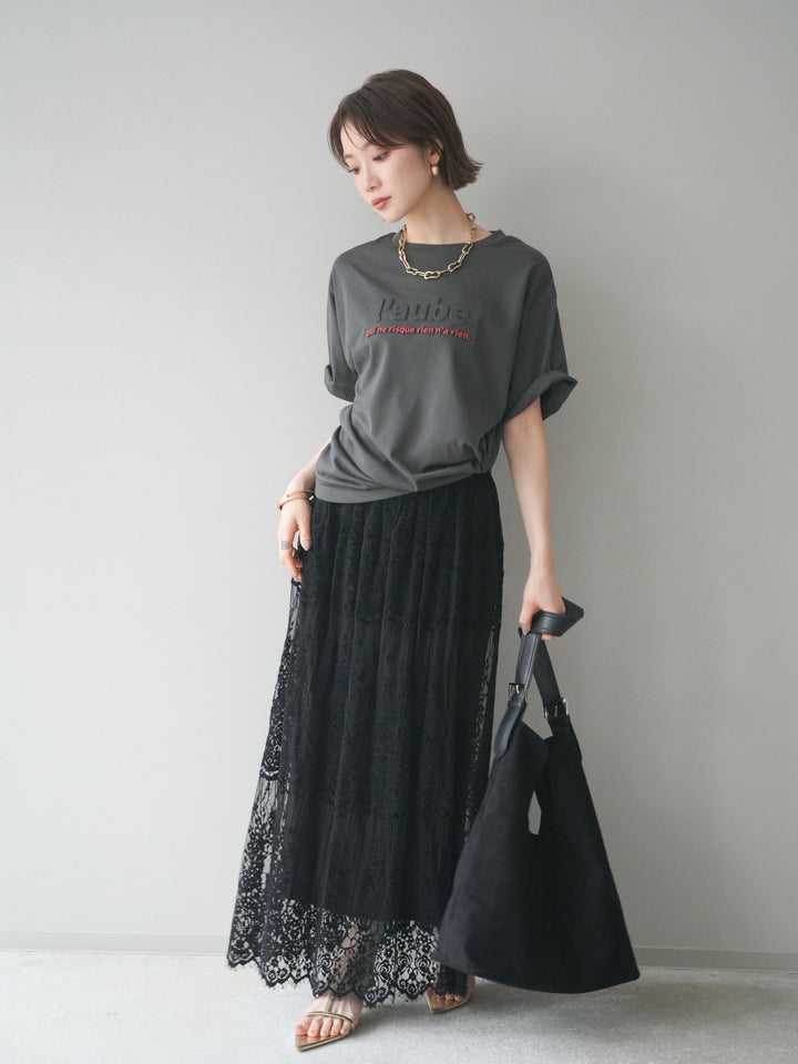 [SET]エンボスロゴTEE+裏プリーツ総レースロングスカート(2set)