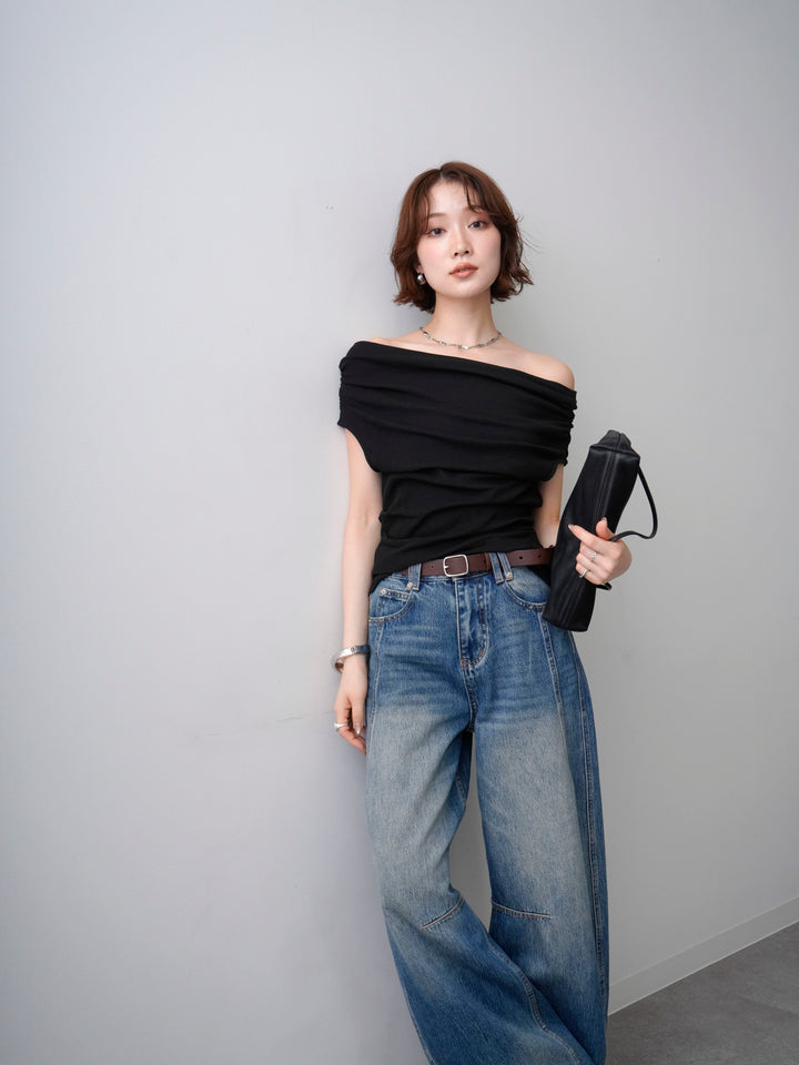 [予約]アシメサイドギャザーホルターノースリトップス/black